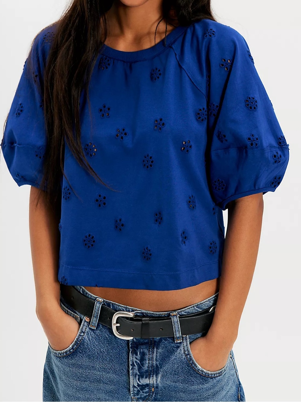 Free People Jessie Eyelet Tee, Navy - XL